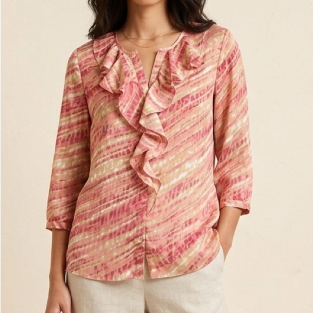 Anne Klein Blouse Size XL Button Up Ruffled neck Striped 3/4 sleeves $89